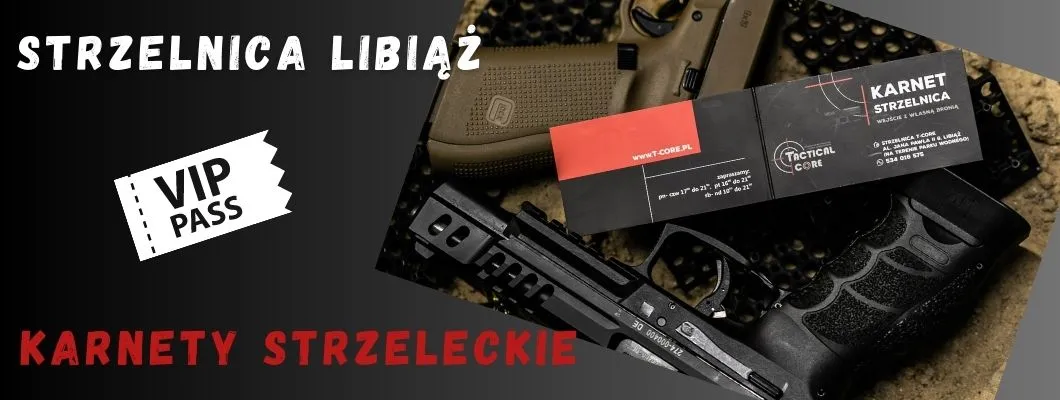 Zdjęcie przedstawia Napis Strzelnica Libiąż, Znaczek VIP PASS, ZDJĘCIE PO PRAWEJ STRONIE Karnet strzelecki razem z pistoletem. Dodatkowo napis KARNETY STRZELCEKIE