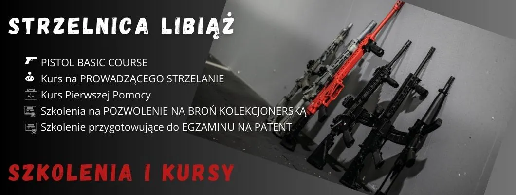 Zdjęcie przedstawia Napis Strzelnica Libiąż, broń długą Oraz tekst z ofertą szkoleń i kursów dostępnych na strzelnicy w Libiążu